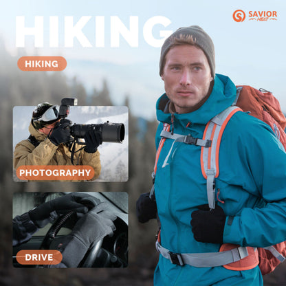 Man in hiking gear with inset images of photography and driving, featuring the Savior Nest brand.